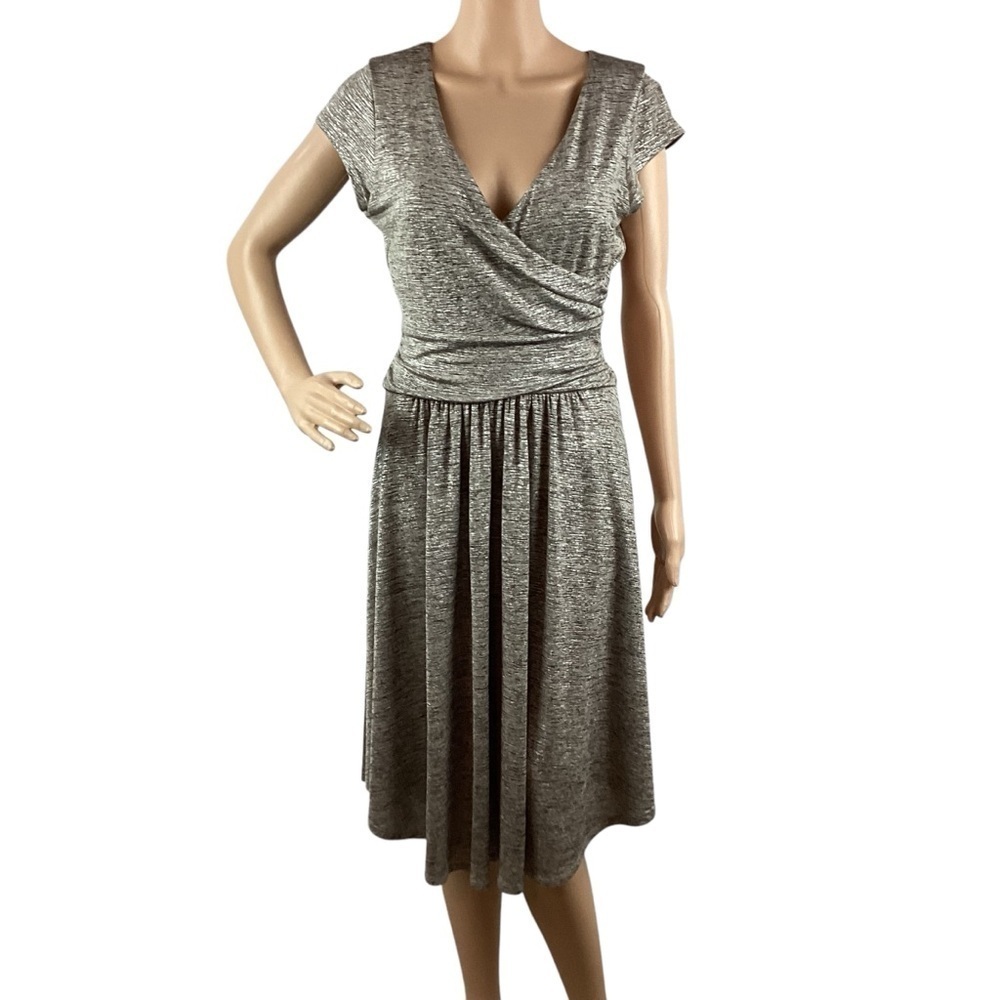 Maeve by Anthropologie Tamera Metallic Faux Wrap Dress Gray Silver S